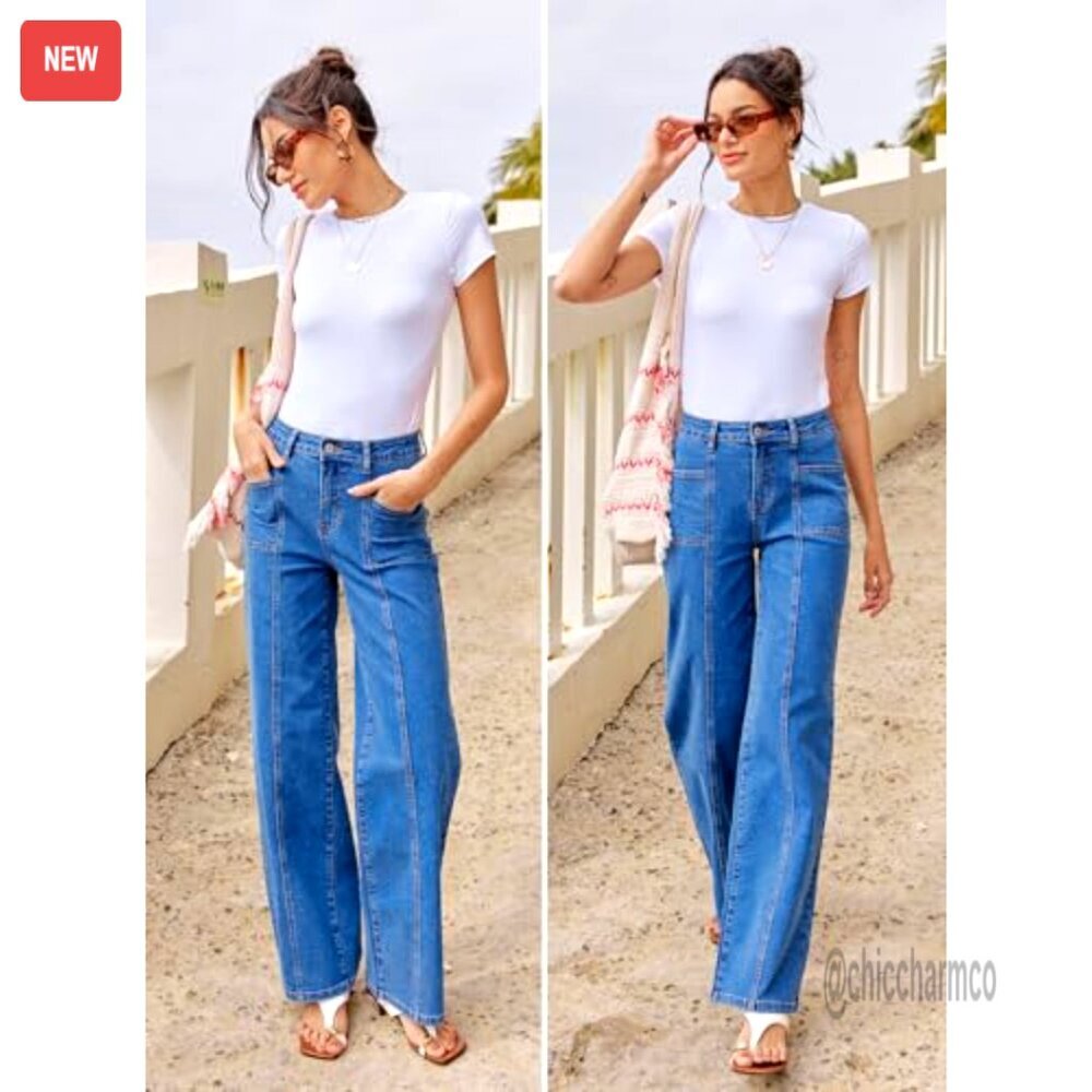 High Waisted Wide Leg Stretchy Denim Jeans Straight Leg Baggy Pants - Picture 5 of 7